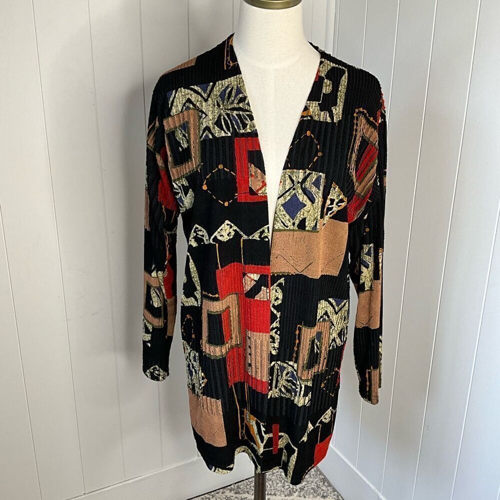 A Touch of Class Clothing Womens S/M Open Front Cardigan Black Red Geo Print